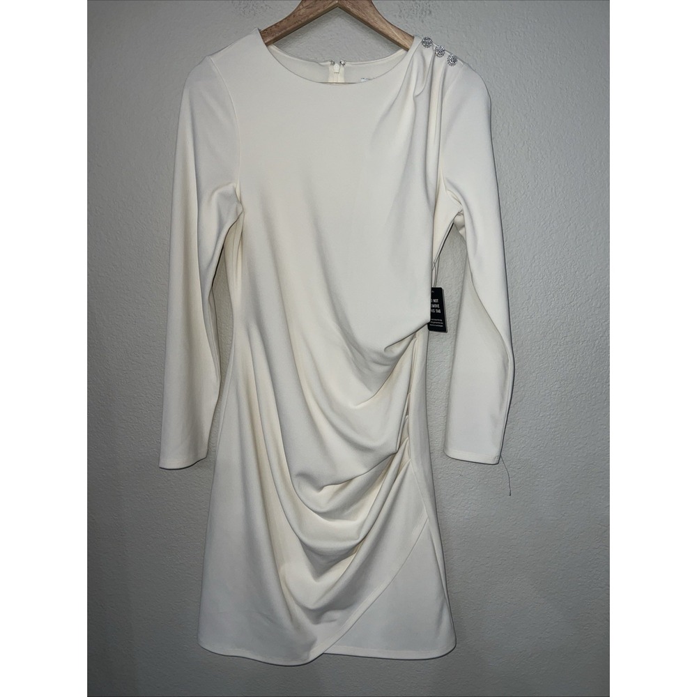 Express NWT IVORY LongSleeve Dress Lined Ruched Mother-in-law Wedding MEDIUM